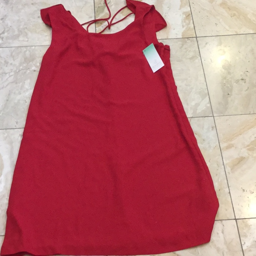 Red Sheath scoop neck satin midi dress , NWT, above the knee length.
